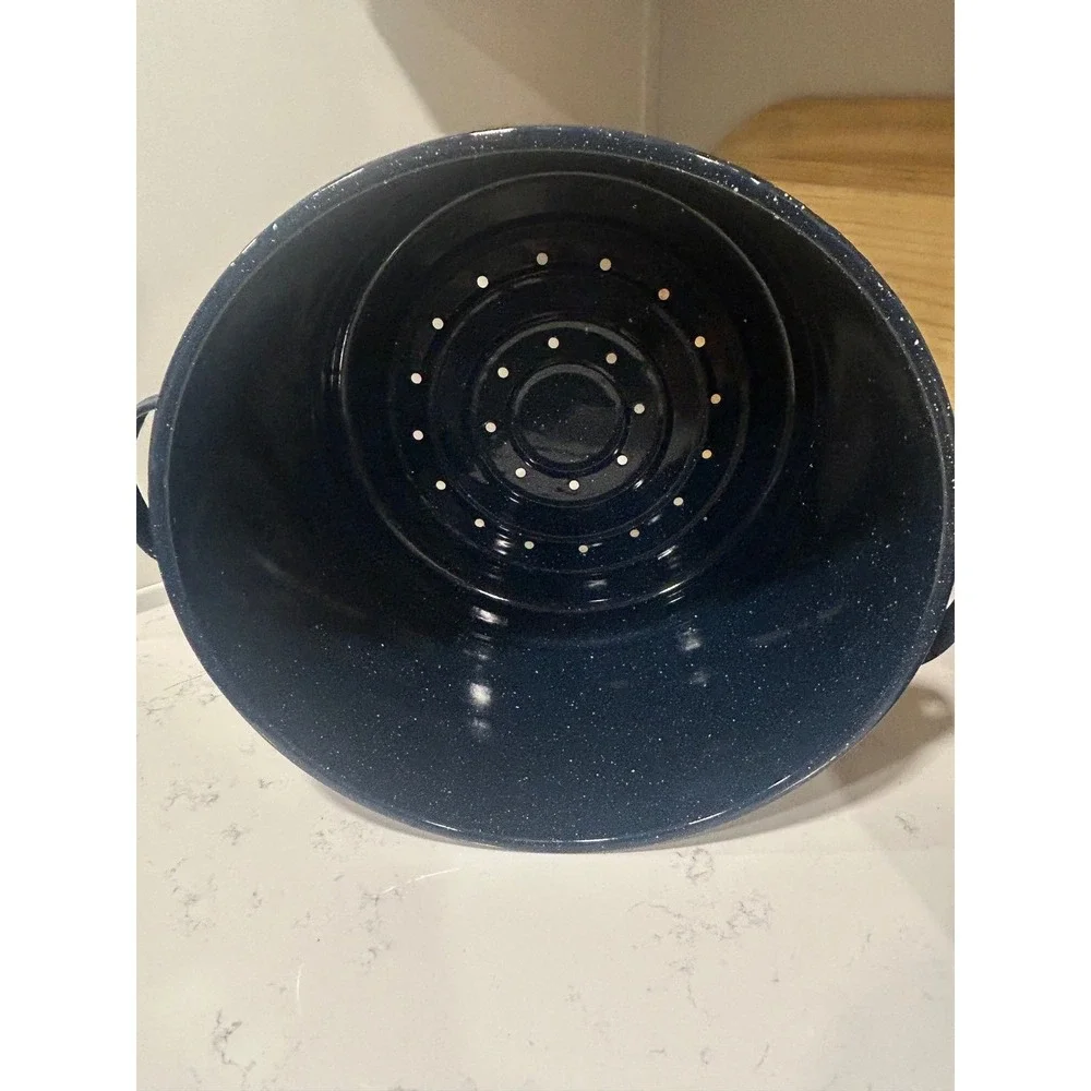Navy Blue Speckled Enamelware Lobster Steamer Pot with Red‎ Lobster Graphics